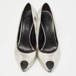 Alexander McQueen Silver Lizard Embossed Leather Peep-Toe Pumps Size 37.5