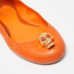 Pre Owned Alexander McQueen Orange Leather Skull City Ballet Flats Size 38.5