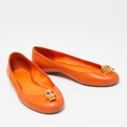 Pre Owned Alexander McQueen Orange Leather Skull City Ballet Flats Size 38.5