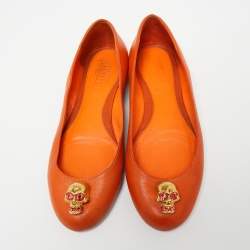 Pre Owned Alexander McQueen Orange Leather Skull City Ballet Flats Size 38.5