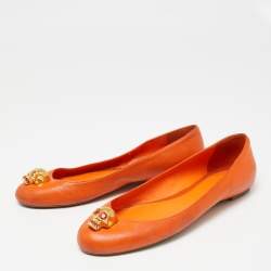 Pre Owned Alexander McQueen Orange Leather Skull City Ballet Flats Size 38.5