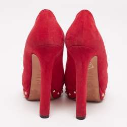 Pre Owned Alexander McQueen Red Suede Skull Embellished Peep Toe Pumps Size 36.5