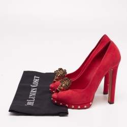 Pre Owned Alexander McQueen Red Suede Skull Embellished Peep Toe Pumps Size 36.5