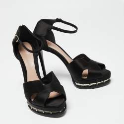 Pre Owned Alexander McQueen Black Satin Studded Platform Ankle-Strap Sandals Size 39