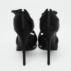 Pre Owned Alexander McQueen Black Satin Studded Platform Ankle-Strap Sandals Size 39