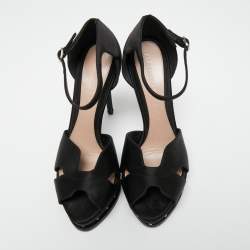 Pre Owned Alexander McQueen Black Satin Studded Platform Ankle-Strap Sandals Size 39