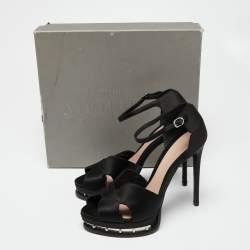 Pre Owned Alexander McQueen Black Satin Studded Platform Ankle-Strap Sandals Size 39