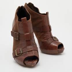 Alexander McQueen Brown Leather Buckle Ankle Length Boots Size 39