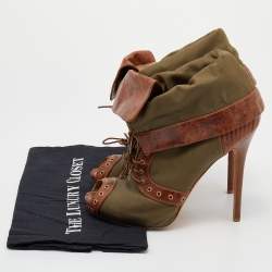 Alexander McQueen Khaki Green/Brown Canvas And Leather Faithful Peep Toe Boots Size 40