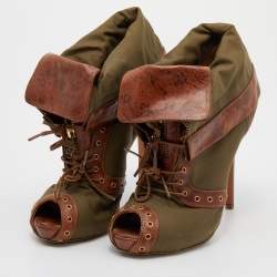 Alexander McQueen Khaki Green/Brown Canvas And Leather Faithful Peep Toe Boots Size 40