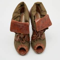 Alexander McQueen Khaki Green/Brown Canvas And Leather Faithful Peep Toe Boots Size 40