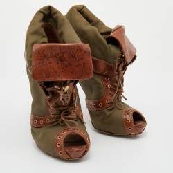 Alexander McQueen Khaki Green/Brown Canvas And Leather Faithful Peep Toe Boots Size 40