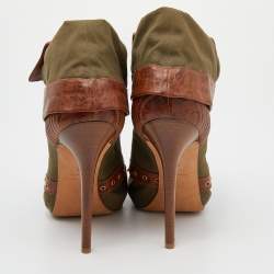 Alexander McQueen Khaki Green/Brown Canvas And Leather Faithful Peep Toe Boots Size 40