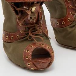 Alexander McQueen Khaki Green/Brown Canvas And Leather Faithful Peep Toe Boots Size 40