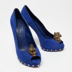 Pre Owned Alexander McQueen Blue Suede Embellished Skull Peep-Toe Platform Pumps Size 39
