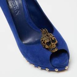 Pre Owned Alexander McQueen Blue Suede Embellished Skull Peep-Toe Platform Pumps Size 39
