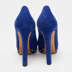 Pre Owned Alexander McQueen Blue Suede Embellished Skull Peep-Toe Platform Pumps Size 39