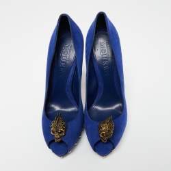 Pre Owned Alexander McQueen Blue Suede Embellished Skull Peep-Toe Platform Pumps Size 39