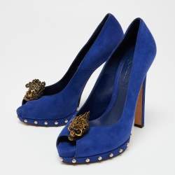 Pre Owned Alexander McQueen Blue Suede Embellished Skull Peep-Toe Platform Pumps Size 39