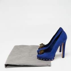 Pre Owned Alexander McQueen Blue Suede Embellished Skull Peep-Toe Platform Pumps Size 39