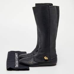 Pre Owned Alexander McQueen Black Leather Skull Charm Knee Length Boots Size 38.5