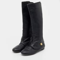 Pre Owned Alexander McQueen Black Leather Skull Charm Knee Length Boots Size 38.5