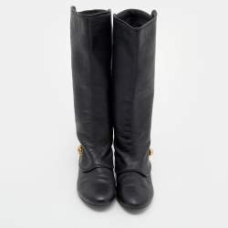 Pre Owned Alexander McQueen Black Leather Skull Charm Knee Length Boots Size 38.5