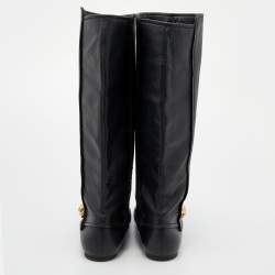 Pre Owned Alexander McQueen Black Leather Skull Charm Knee Length Boots Size 38.5