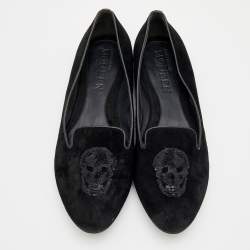 Pre Owned Alexander McQueen Black Suede Sequin Skull Smoking Slippers Size 40.5