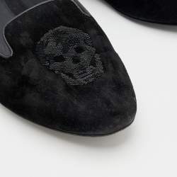 Pre Owned Alexander McQueen Black Suede Sequin Skull Smoking Slippers Size 40.5