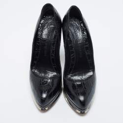 Pre Owned Alexander McQueen Black Croc Embossed Leather Platform Pumps Size 39