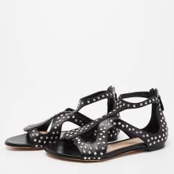 Pre Owned Alexander McQueen Black Micro Studded Leather Cage Flat Sandals Size 38