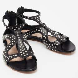 Pre Owned Alexander McQueen Black Micro Studded Leather Cage Flat Sandals Size 38