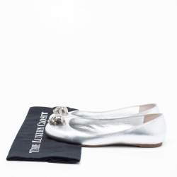 Pre Owned Alexander McQueen Silver Leather Skull City Ballet Flats Size 38