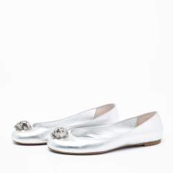 Pre Owned Alexander McQueen Silver Leather Skull City Ballet Flats Size 38