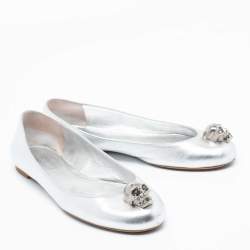 Pre Owned Alexander McQueen Silver Leather Skull City Ballet Flats Size 38