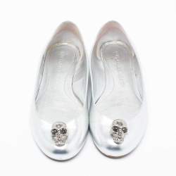 Pre Owned Alexander McQueen Silver Leather Skull City Ballet Flats Size 38