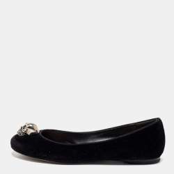 Pre Owned Alexander McQueen Black Velvet Skull Ballet Flats Size 38