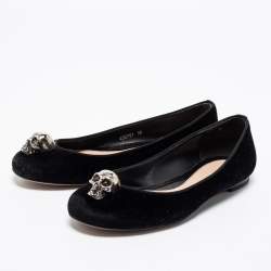 Pre Owned Alexander McQueen Black Velvet Skull Ballet Flats Size 38