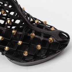Pre Owned Alexander McQueen Black Laser Cut Leather Studded Platform Booties Size 39
