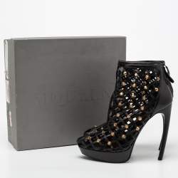 Pre Owned Alexander McQueen Black Laser Cut Leather Studded Platform Booties Size 39
