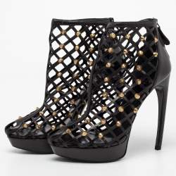Pre Owned Alexander McQueen Black Laser Cut Leather Studded Platform Booties Size 39