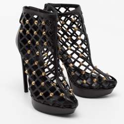 Pre Owned Alexander McQueen Black Laser Cut Leather Studded Platform Booties Size 39
