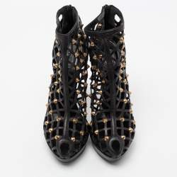 Pre Owned Alexander McQueen Black Laser Cut Leather Studded Platform Booties Size 39