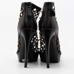 Pre Owned Alexander McQueen Black Laser Cut Leather Studded Platform Booties Size 39