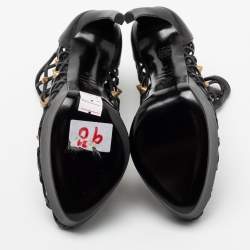 Pre Owned Alexander McQueen Black Laser Cut Leather Studded Platform Booties Size 39