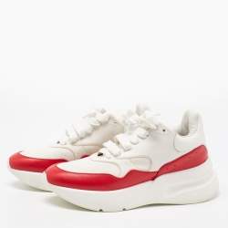 Pre Owned Alexander McQueen White/Red Leather And Fabric Oversized Runner Low Top Sneakers Size 38.5