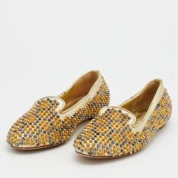 Pre Owned Alexander McQueen Metallic Gold Leather Stud Embellished Smoking Slippers Size 38