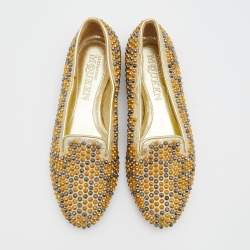 Pre Owned Alexander McQueen Metallic Gold Leather Stud Embellished Smoking Slippers Size 38