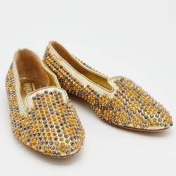 Pre Owned Alexander McQueen Metallic Gold Leather Stud Embellished Smoking Slippers Size 38